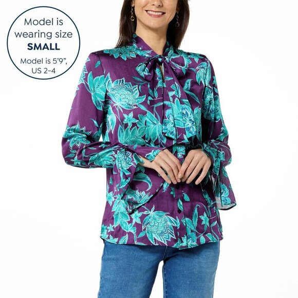 FLORAL TIE NECK BLOUSE XS Iman Purple Aqua Grape Blue Office Work Spring Satin - Picture 2 of 8